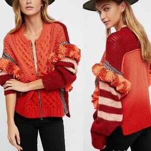 Free People Fiesta Jacket Wool Fringe Aztec Embroidery cowichan cardigan sweater